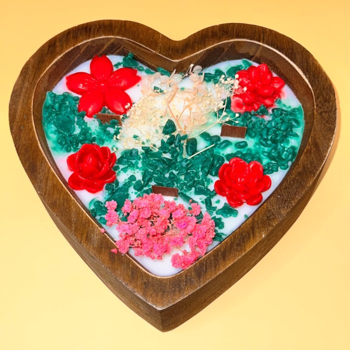 One Large Heart Rose Garden Wooden Candle