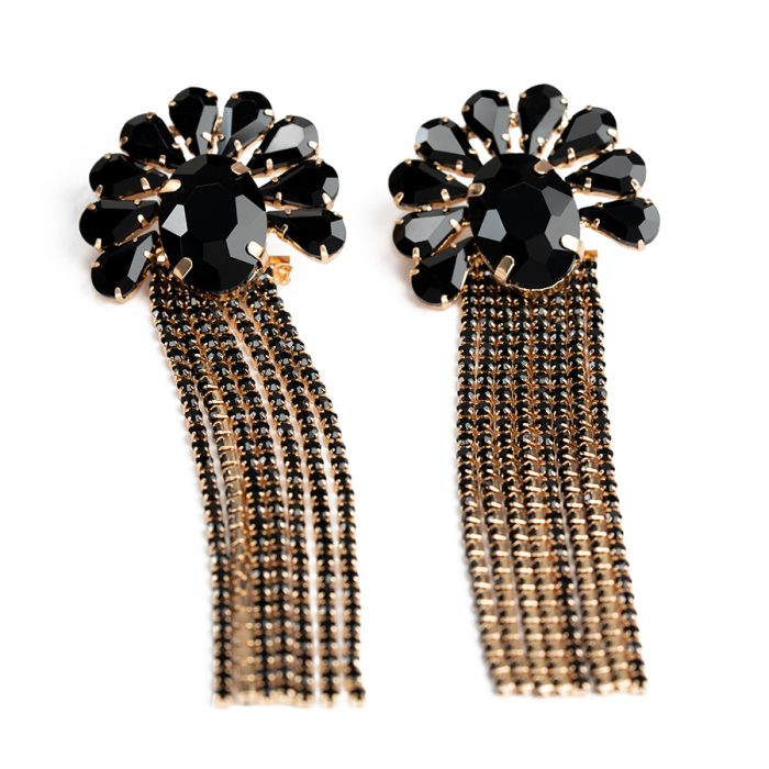 Antique Black Flower & Drop stone Earrings - Image 1