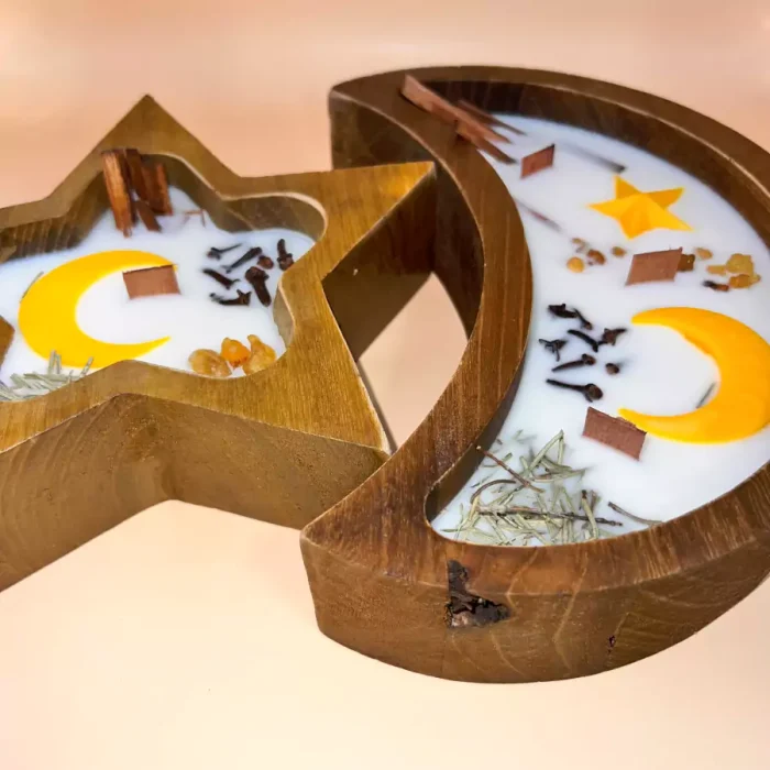 Set of 2 PICS Star & Crescent Moon Wooden Candle - Image 2